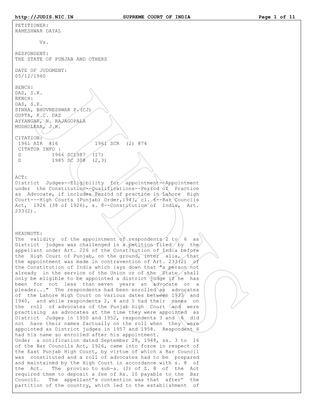 SUPREME COURT of INDIA Page 1 of 11 PETITIONER: RAMESHWAR DAYAL