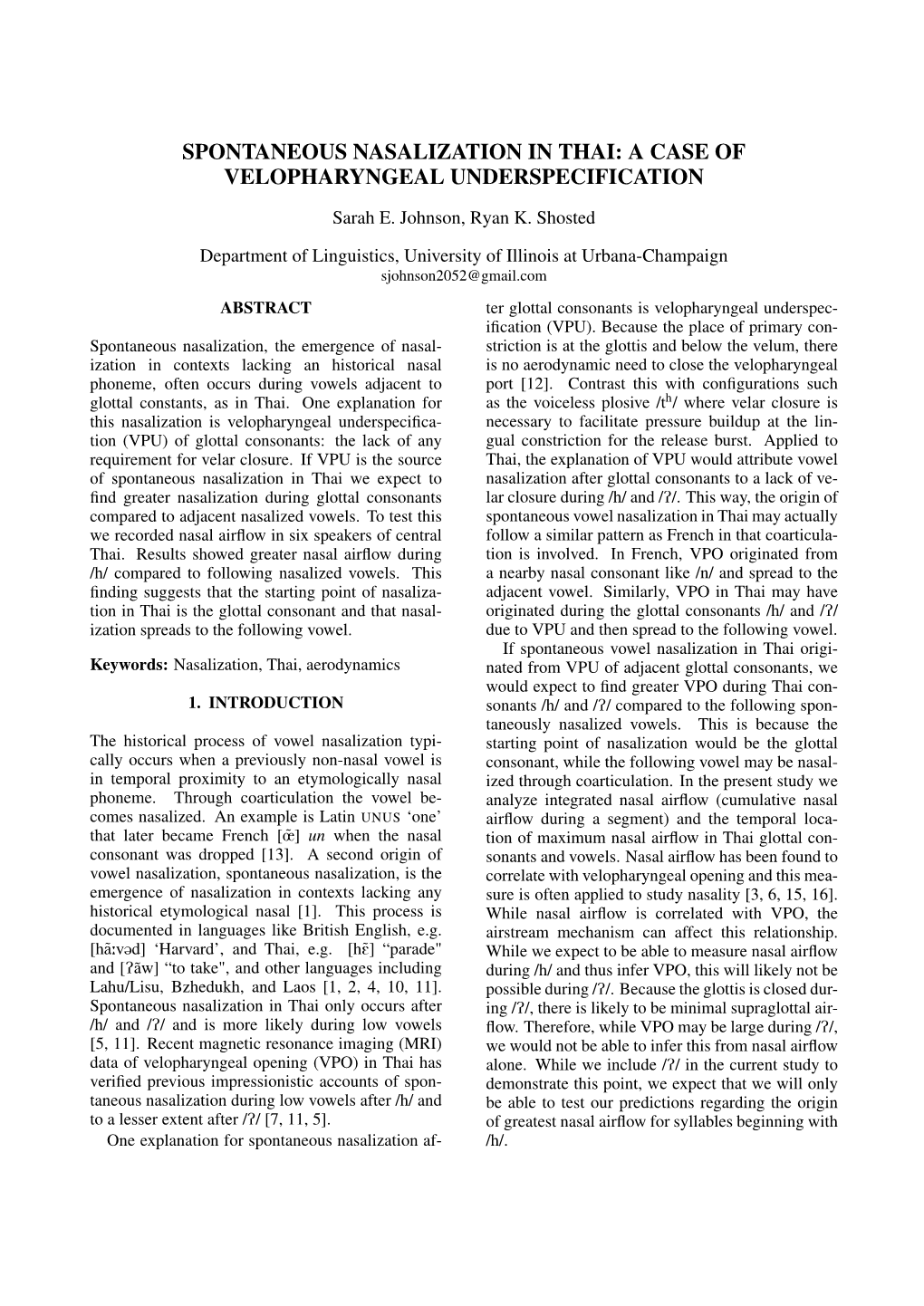 Spontaneous Nasalization in Thai: a Case of Velopharyngeal Underspecification