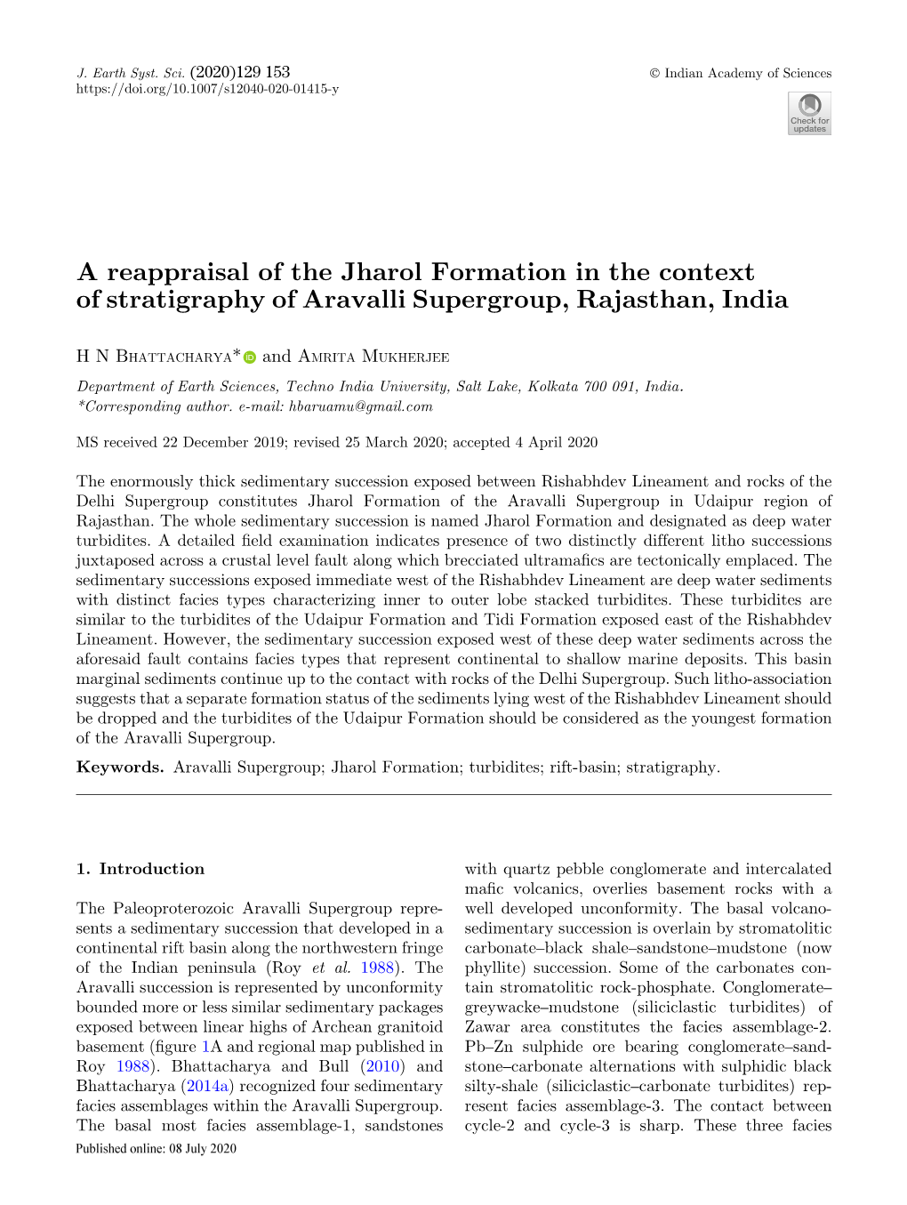 A Reappraisal of the Jharol Formation in the Context of Stratigraphy of Aravalli Supergroup, Rajasthan, India