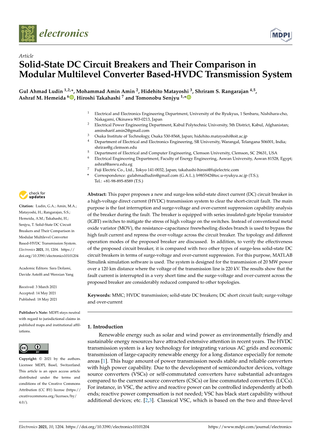 Solid-State DC Circuit Breakers and Their Comparison in Modular Multilevel Converter Based-HVDC Transmission System