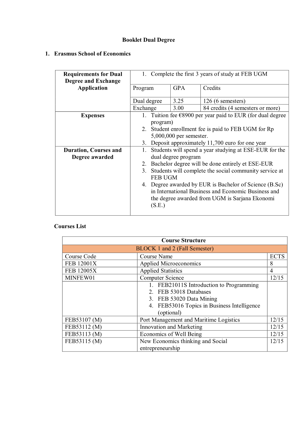 Booklet Dual Degree 1. Erasmus School of Economics Courses List