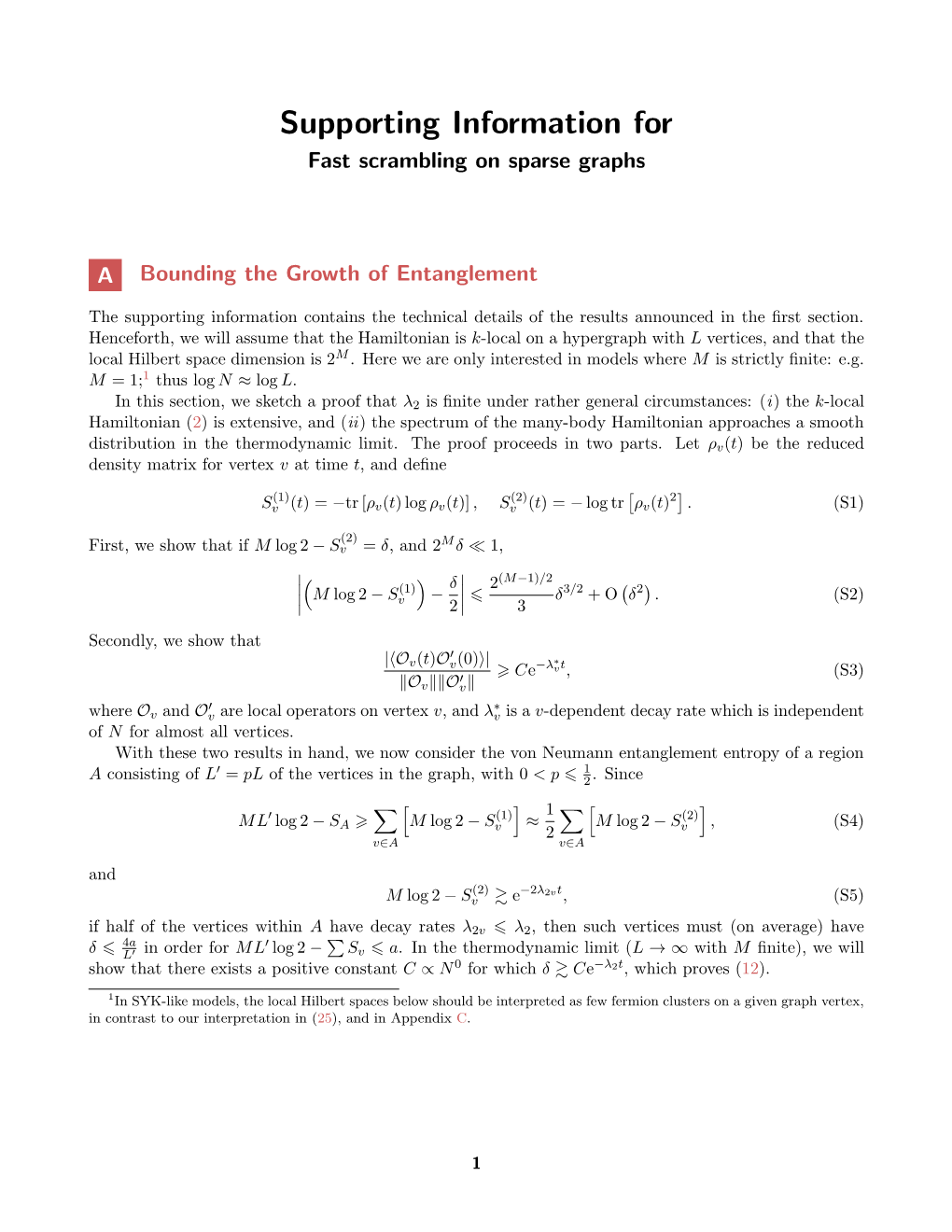 Supporting Information for Fast Scrambling on Sparse Graphs