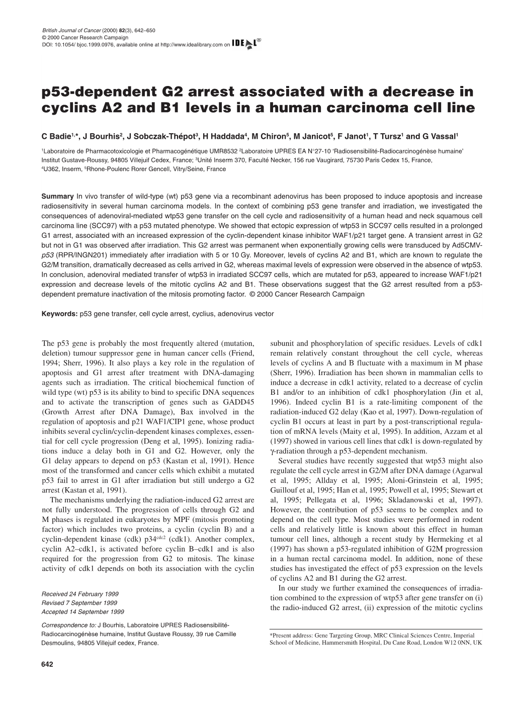 P53-Dependent G2 Arrest Associated with a Decrease in Cyclins A2 And