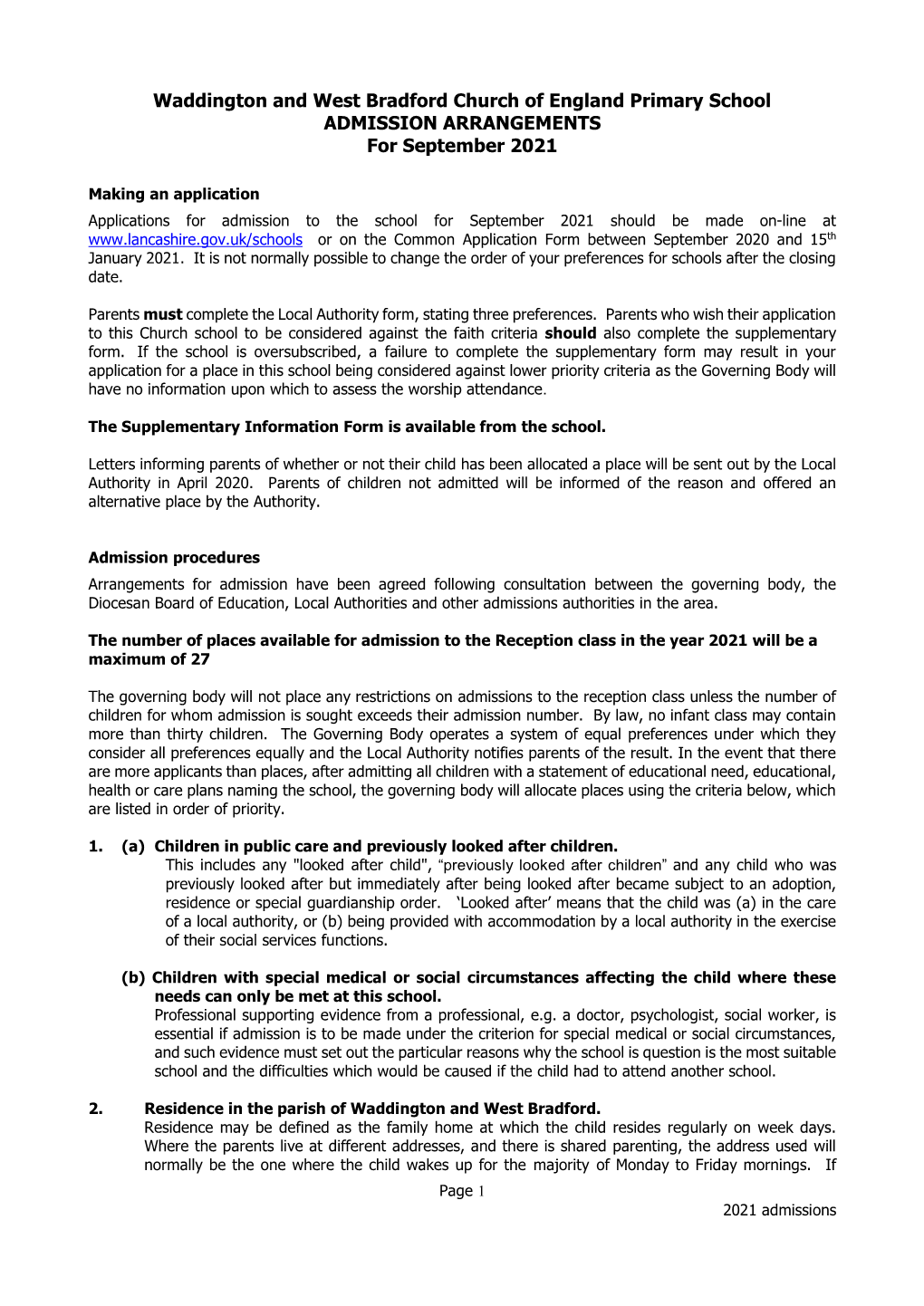 Waddington and West Bradford Church of England Primary School ADMISSION ARRANGEMENTS for September 2021