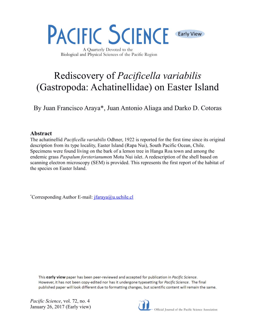 Rediscovery of Pacificella Variabilis (Gastropoda: Achatinellidae) on Easter Island