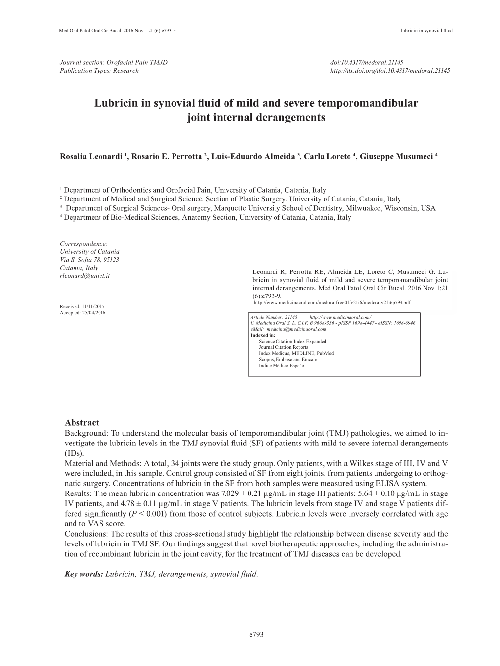 Lubricin in Synovial Fluid of Mild and Severe Temporomandibular Joint Internal Derangements