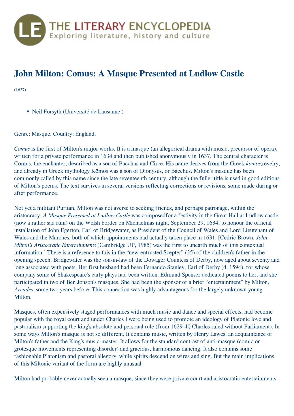 John Milton: Comus: a Masque Presented at Ludlow Castle