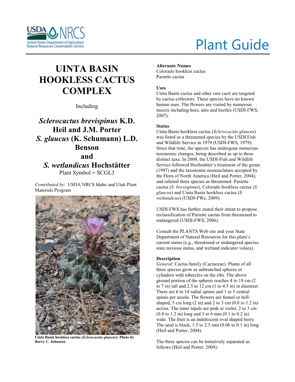 Plant Guide for Uinta Basin Hookless Cactus (Sclerocactus Glaucus)