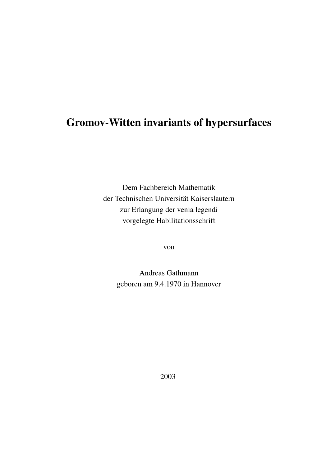 Gromov-Witten Invariants of Hypersurfaces