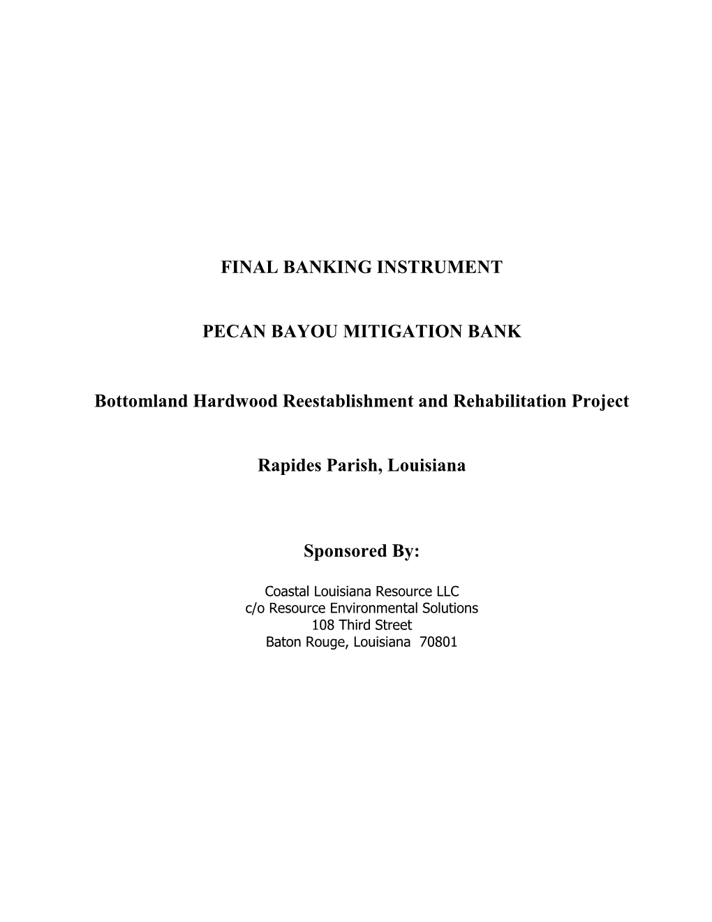 Final Banking Instrument Pecan Bayou Mitigation Bank