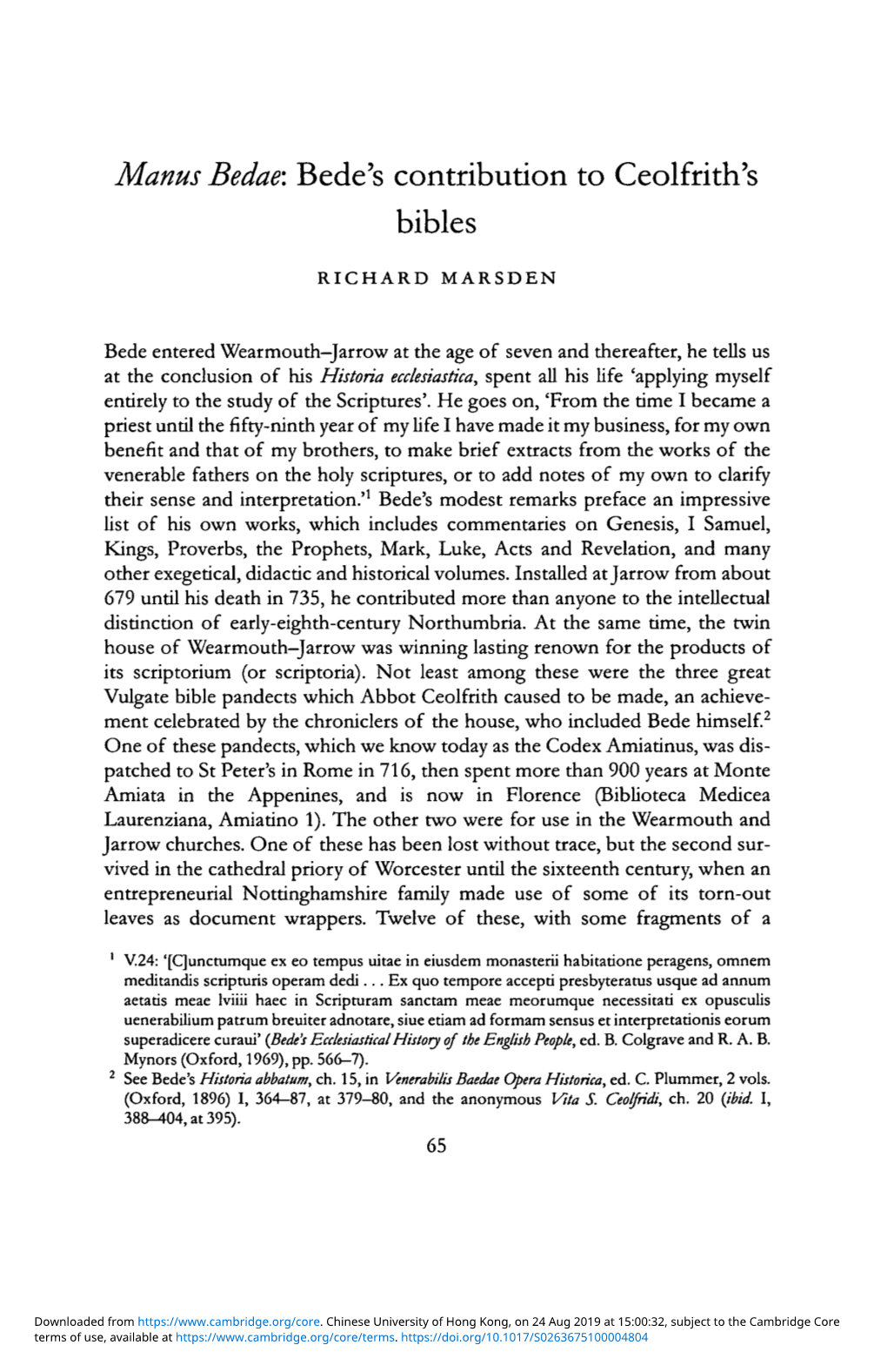 Manus Bedae: Bede's Contribution to Ceolfrith's Bibles