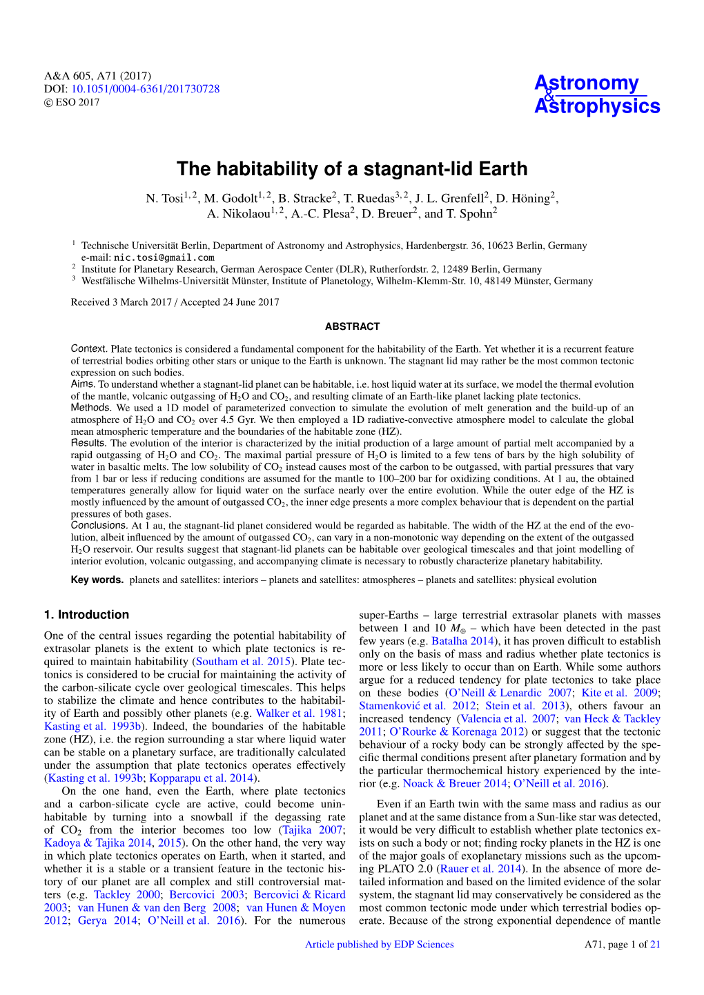 The Habitability of a Stagnant-Lid Earth N