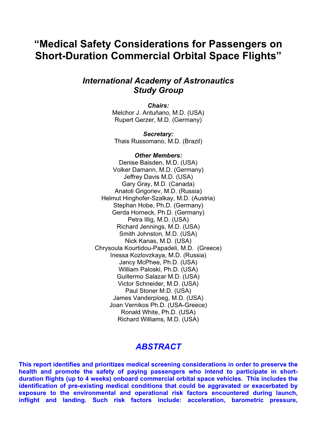 Medical Safety Considerations for Passengers on Short-Duration Commercial Orbital Space Flights”