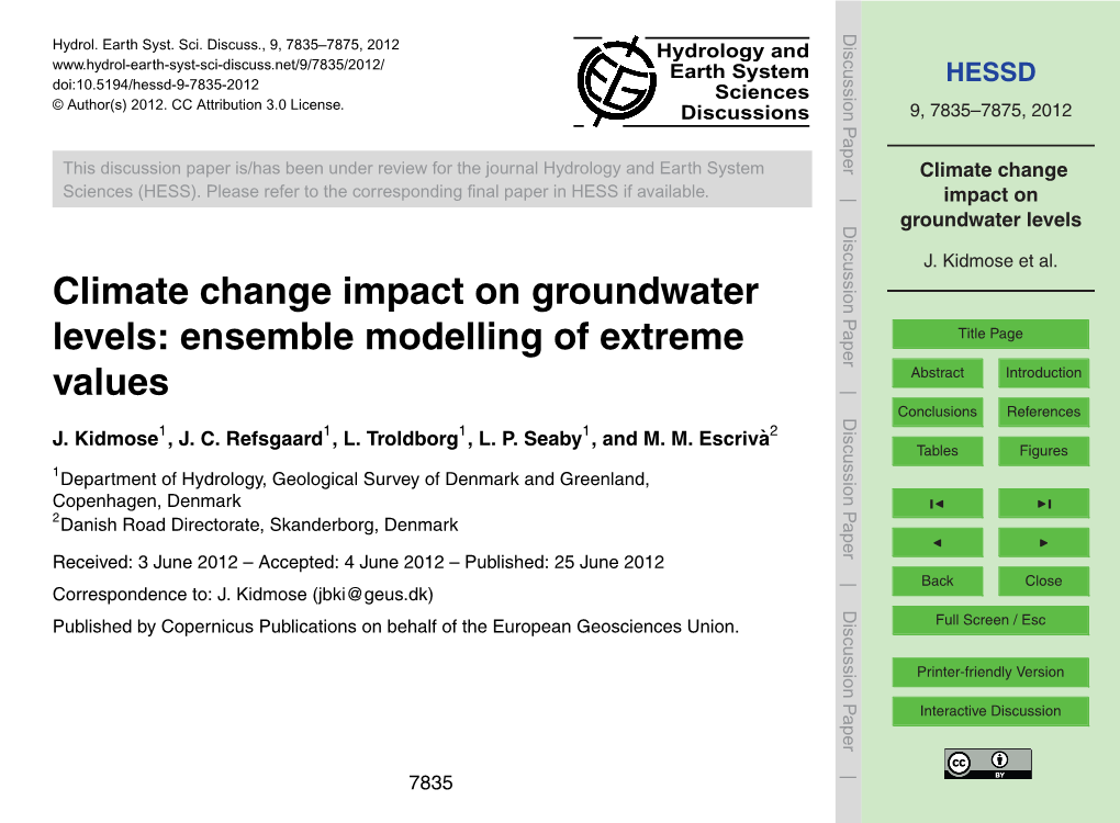 Climate Change Impact on Groundwater Levels: Ensemble Modelling of Extreme Title Page Values Abstract Introduction Conclusions References J