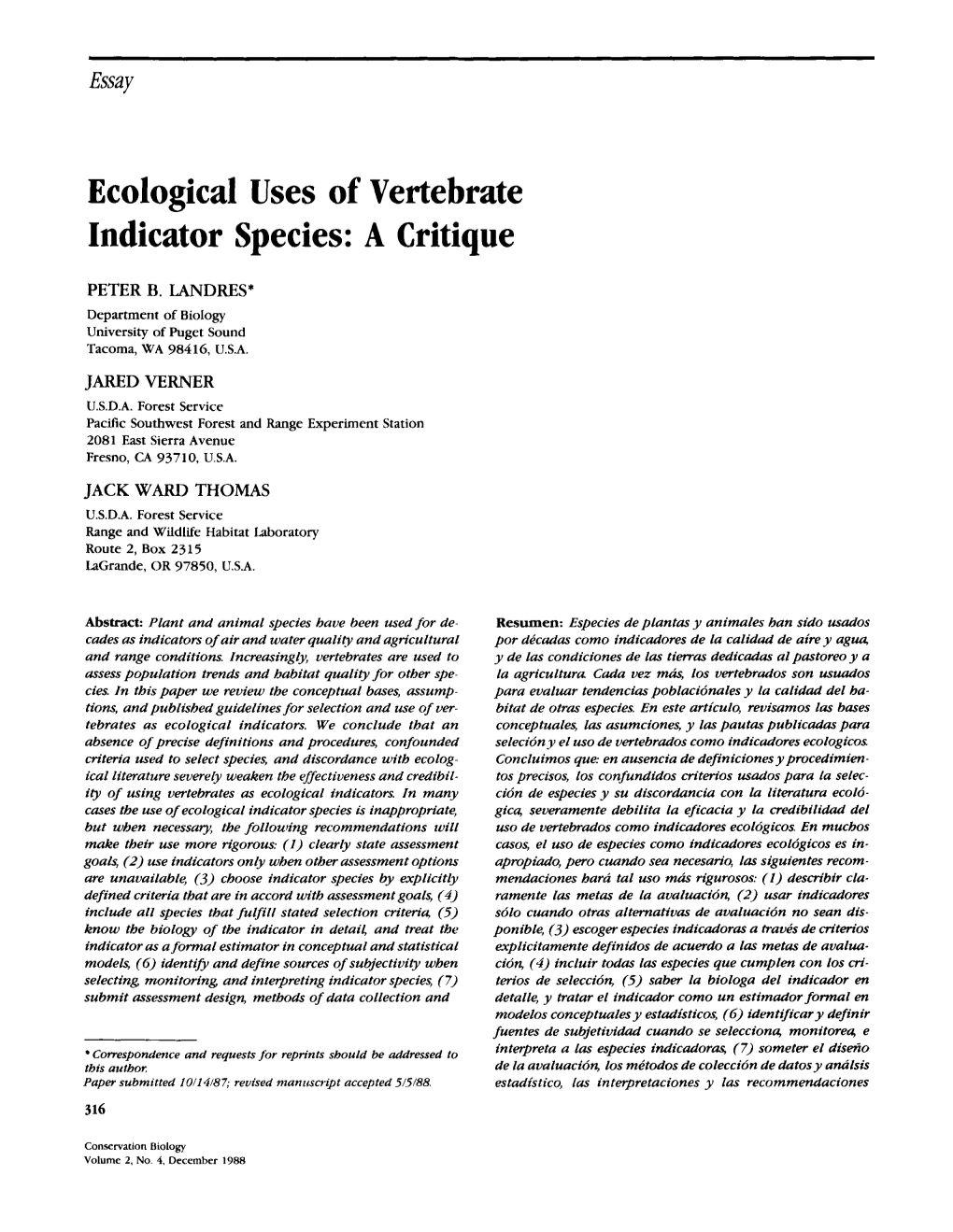Ecological Uses of Vertebrate Indicator Species: a Critique