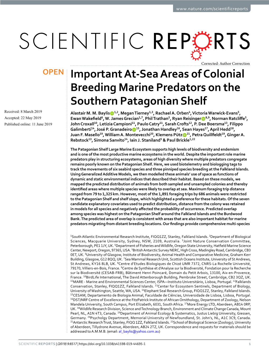 Important At-Sea Areas of Colonial Breeding Marine Predators on the Southern Patagonian Shelf Received: 8 March 2019 Alastair M