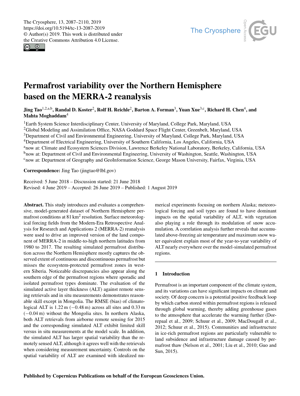 Permafrost Variability Over the Northern Hemisphere Based on the MERRA-2 Reanalysis