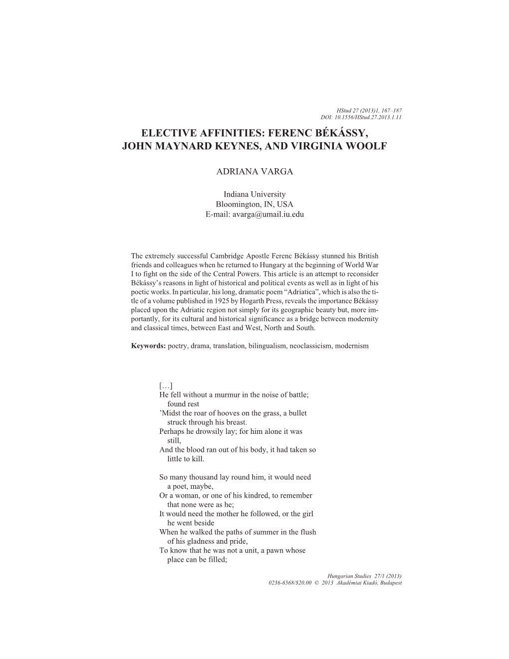 Hungarian Studies 27/1 (2013) 0236-6568/$20.00 © 2013 Akadémiai Kiadó, Budapest 168 ADRIANA VARGA