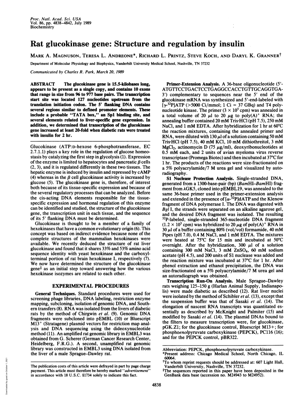 Rat Glucokinase Gene: Structure and Regulation by Insulin MARK A