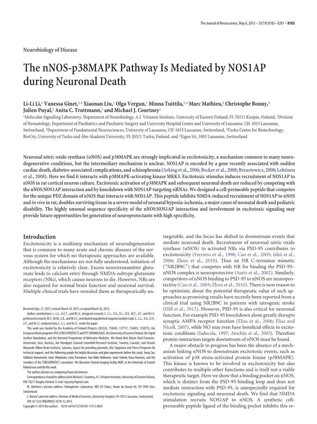 The Nnos-P38mapk Pathway Is Mediated by NOS1AP During Neuronal Death