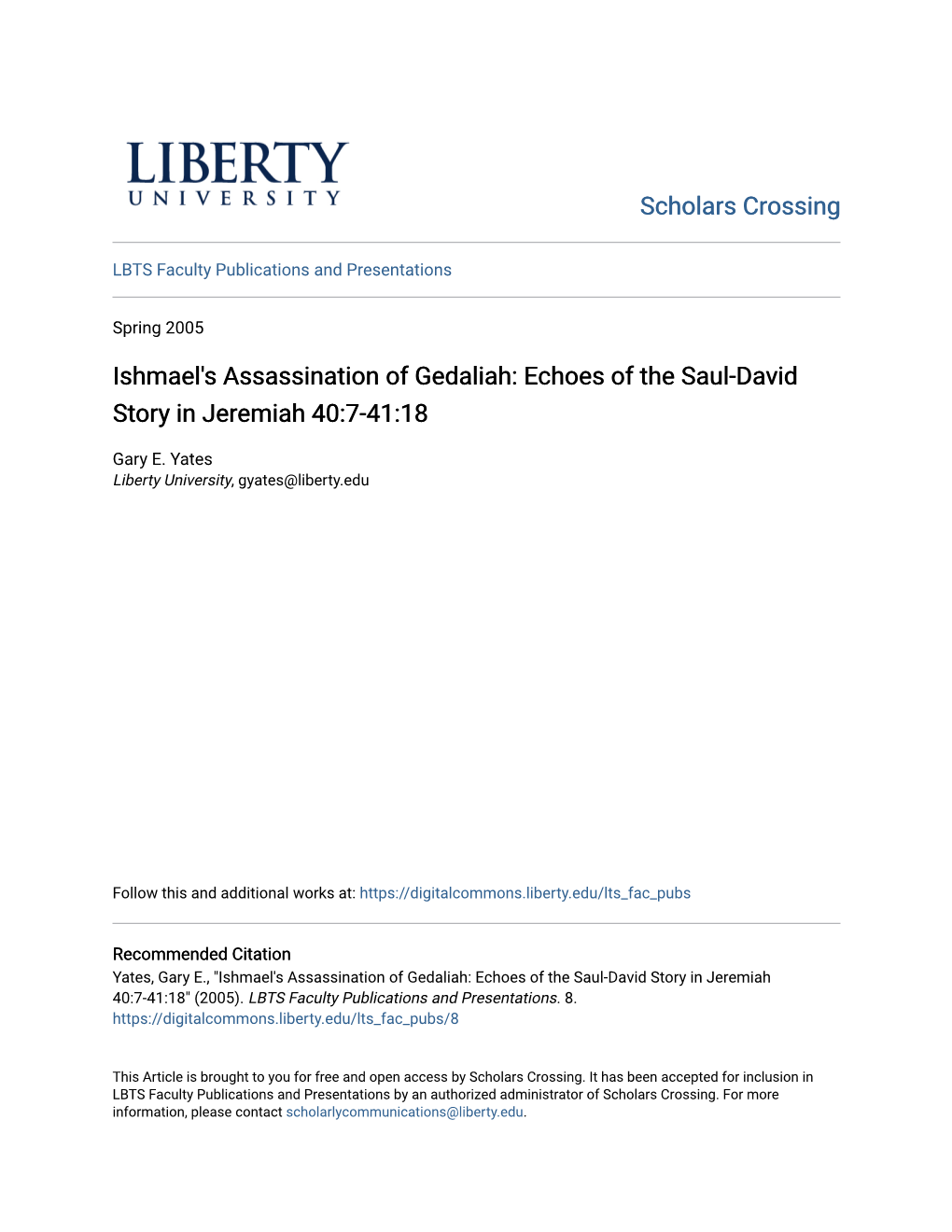 Ishmael's Assassination of Gedaliah: Echoes of the Saul-David Story in Jeremiah 40:7-41:18