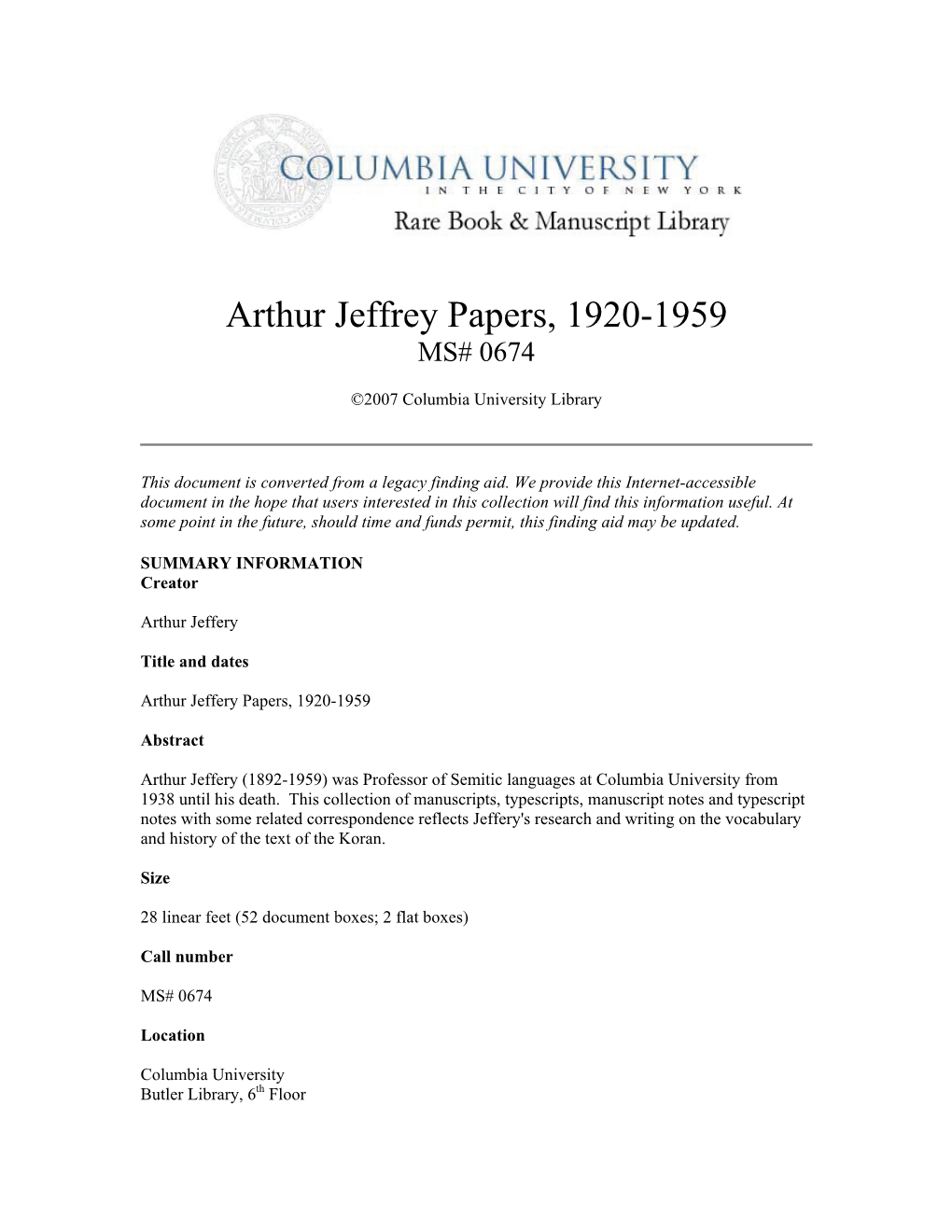 Arthur Jeffrey Papers, 1920-1959 MS# 0674