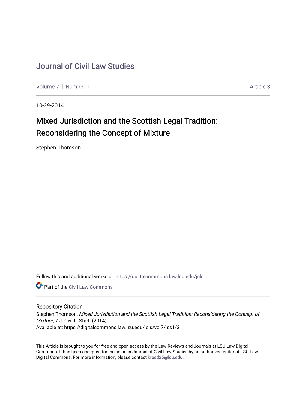 Mixed Jurisdiction and the Scottish Legal Tradition: Reconsidering the Concept of Mixture