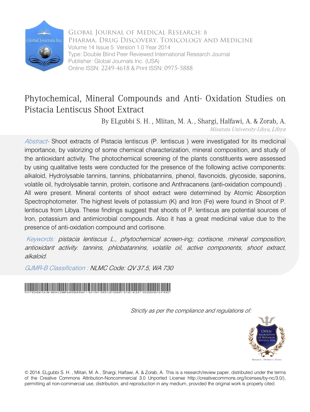 Oxidation Studies on Pistacia Lentiscus Shoot Extract by Elgubbi S