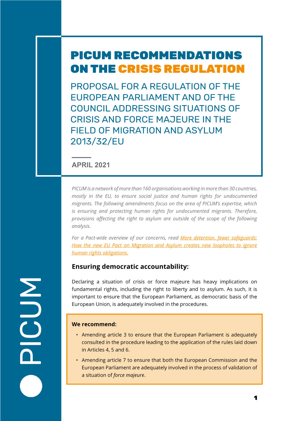 Picum Recommendations on the Crisis Regulation