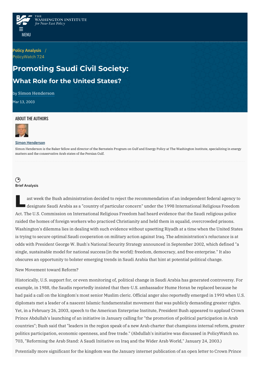 Promoting Saudi Civil Society: What Role for the United States? by Simon Henderson
