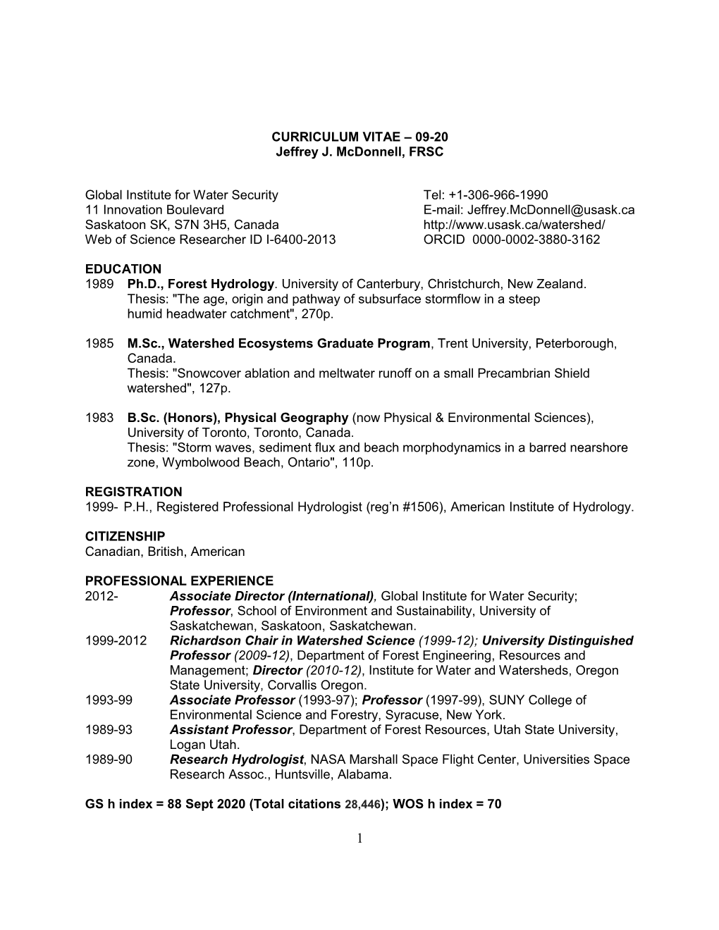 CURRICULUM VITAE – 09-20 Jeffrey J. Mcdonnell, FRSC Global Institute