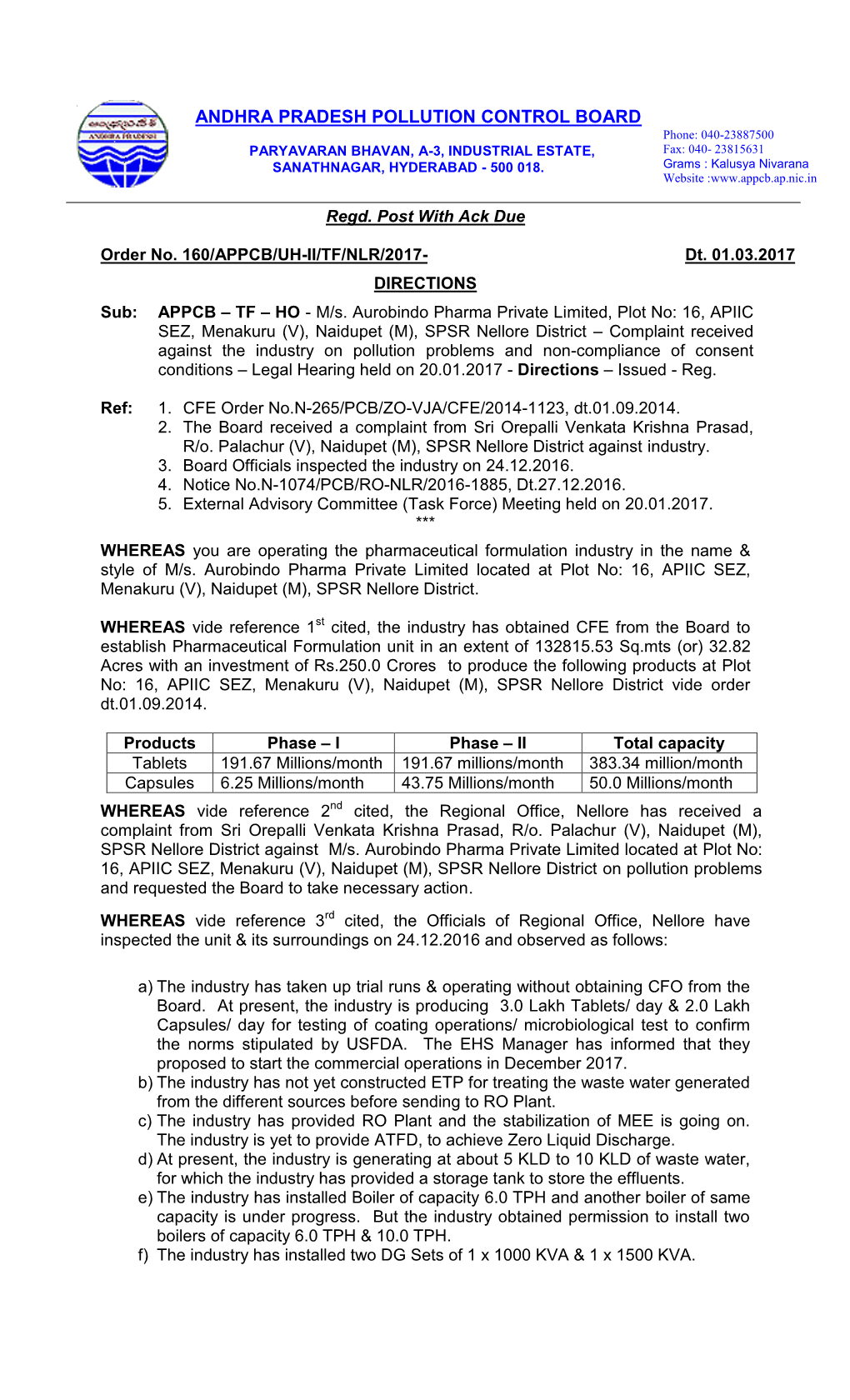 ANDHRA PRADESH POLLUTION CONTROL BOARD Phone: 040-23887500 PARYAVARAN BHAVAN, A-3, INDUSTRIAL ESTATE, Fax: 040- 23815631 SANATHNAGAR, HYDERABAD - 500 018