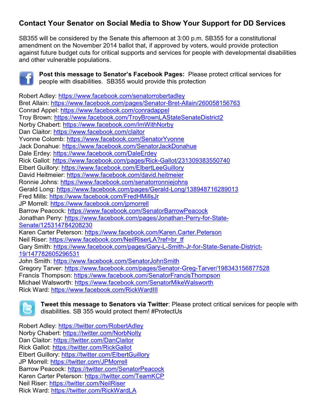 Contact Your Senator on Social Media to Show Your Support for DD Services