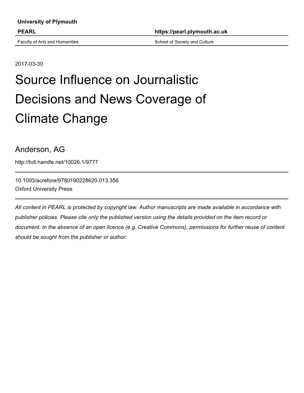 Source Influence on Journalistic Decisions and News Coverage of Climate Change