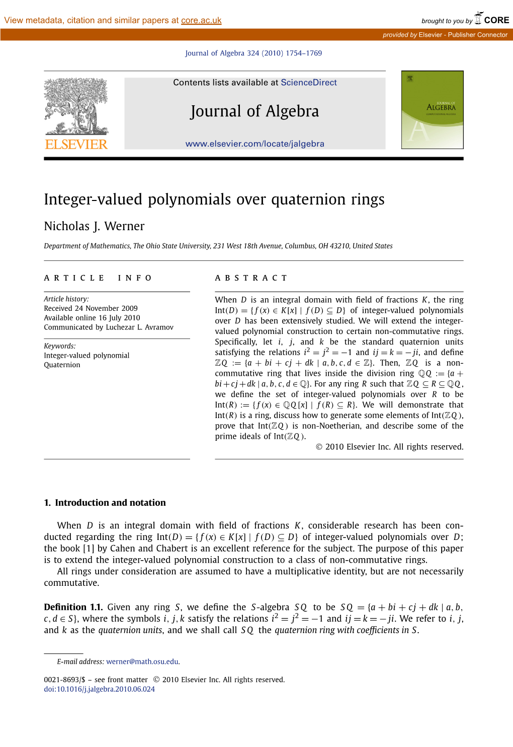 Integer-Valued Polynomials Over Quaternion Rings