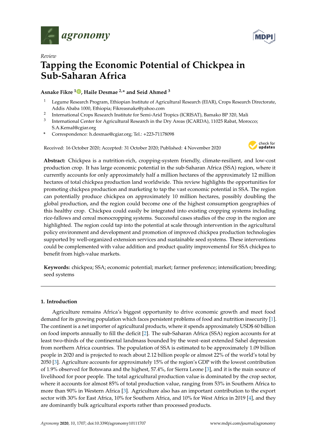 Tapping the Economic Potential of Chickpea in Sub-Saharan Africa