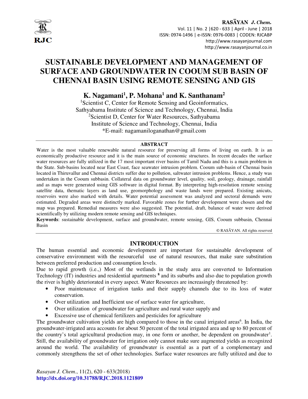 Sustainable Development and Management of Surface and Groundwater in Cooum Sub Basin of Chennai Basin Using Remote Sensing and Gis