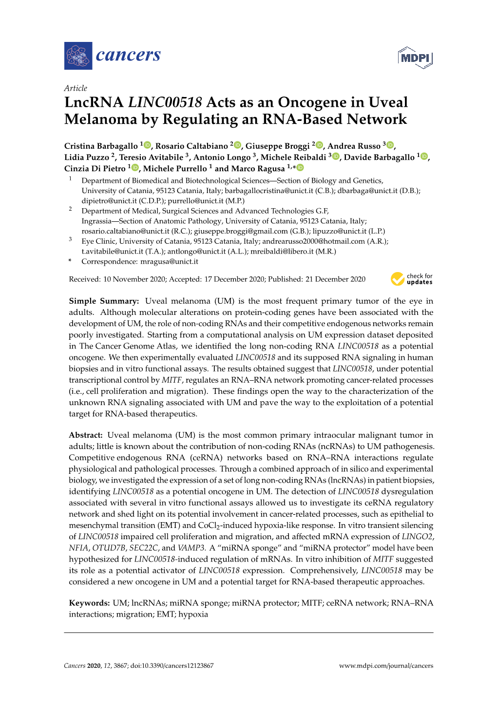 Lncrna LINC00518 Acts As an Oncogene in Uveal Melanoma by Regulating an RNA-Based Network