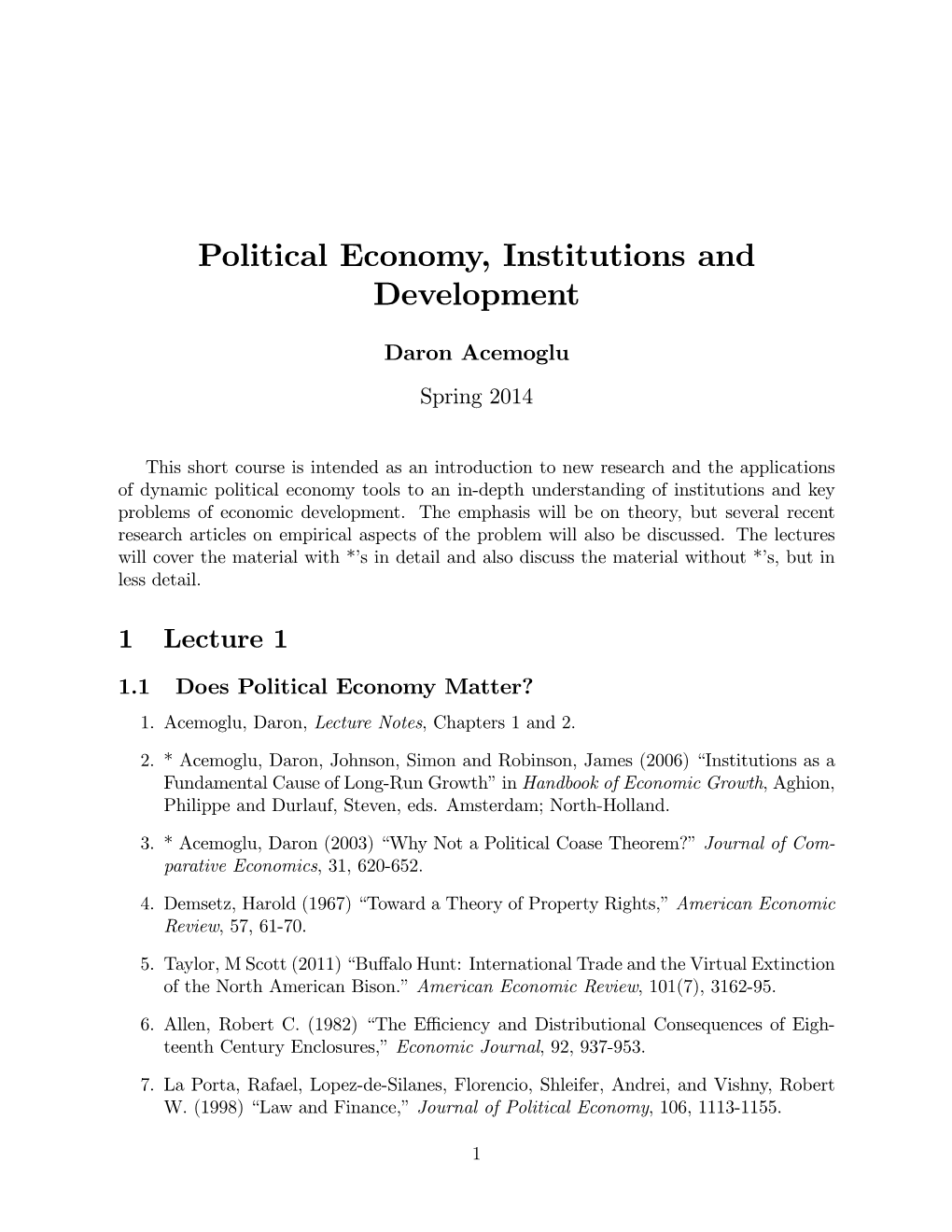 Political Economy, Institutions and Development