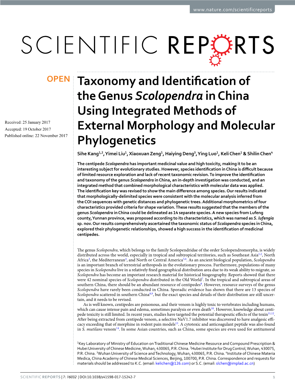 Taxonomy and Identification of the Genus Scolopendra in China Using