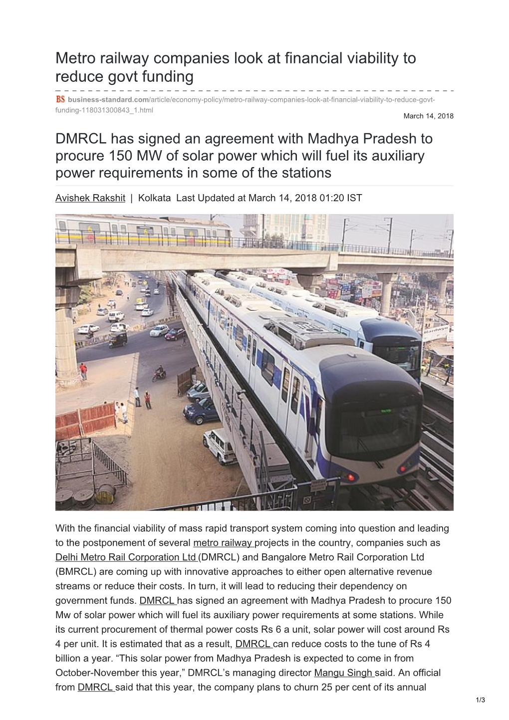 Metro Railway Companies Look at Financial Viability to Reduce Govt Funding