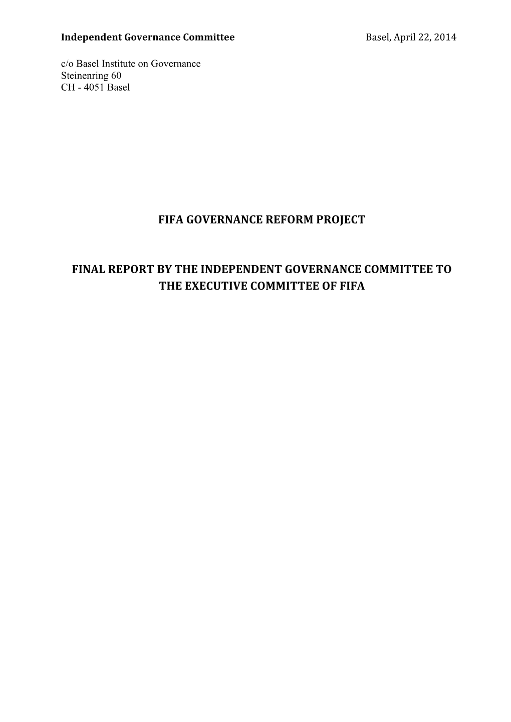 Fifa Governance Reform Project Final Report by The