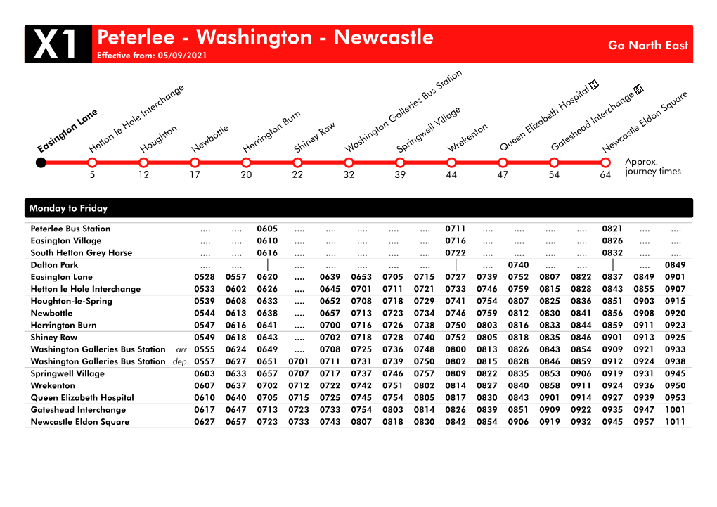 Washington - Newcastle Go North East X1 Effective From: 05/09/2021