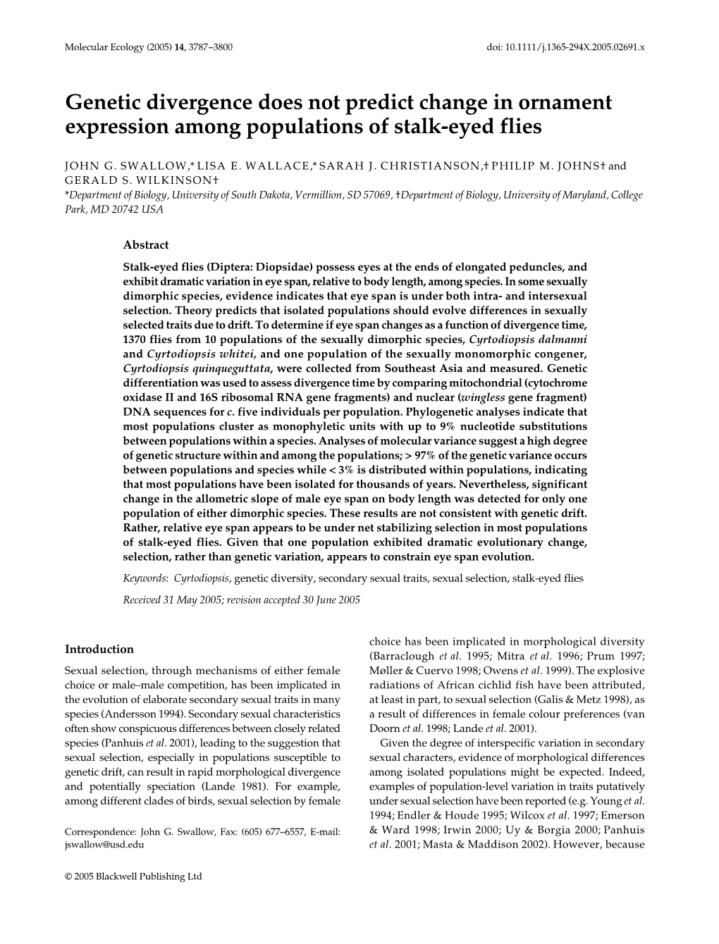 Genetic Divergence Does Not Predict Change in Ornament Expression Among Populations of Stalk-Eyed Flies