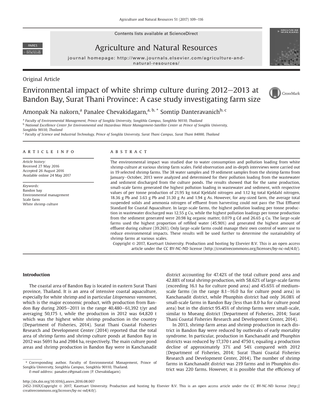 Environmental Impact of White Shrimp Culture During 2012E2013 at Bandon Bay, Surat Thani Province: a Case Study Investigating Farm Size