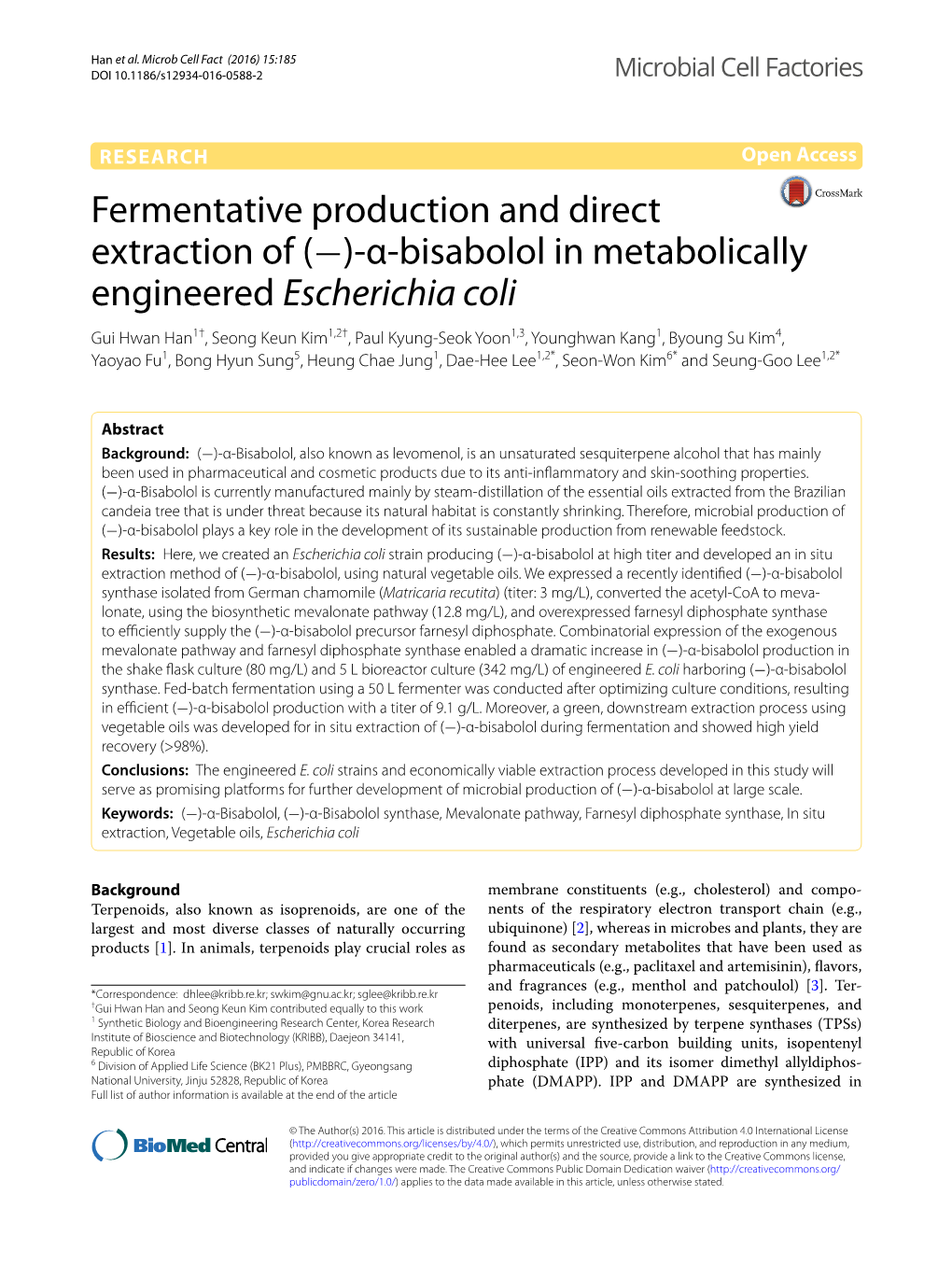 Fermentative Production and Direct Extraction of (−)-Α-Bisabolol In