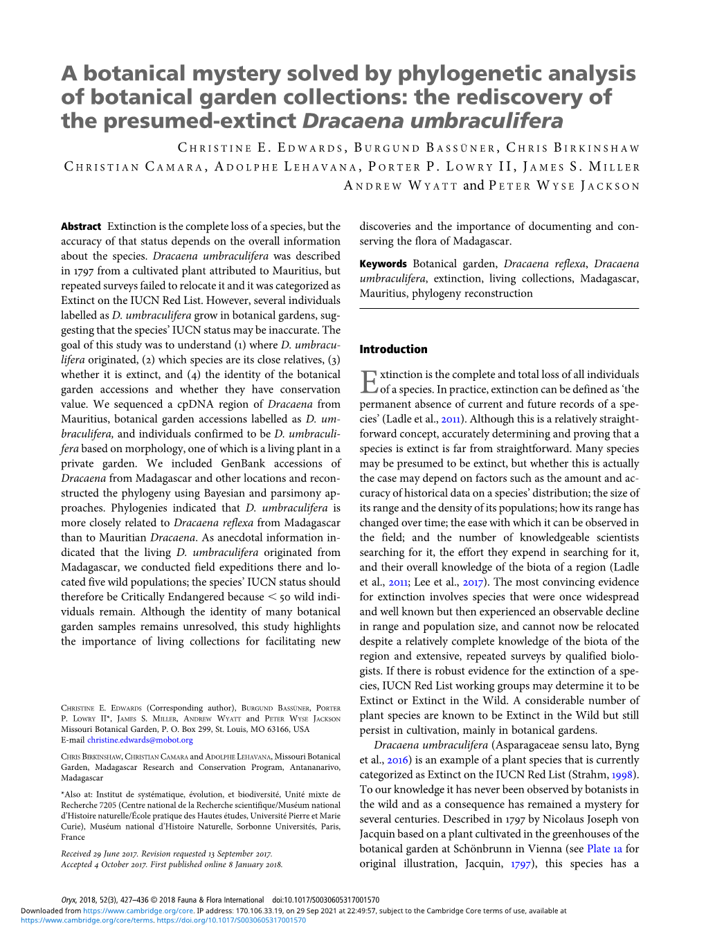 A Botanical Mystery Solved by Phylogenetic Analysis of Botanical Garden Collections: the Rediscovery of the Presumed-Extinct Dracaena Umbraculifera