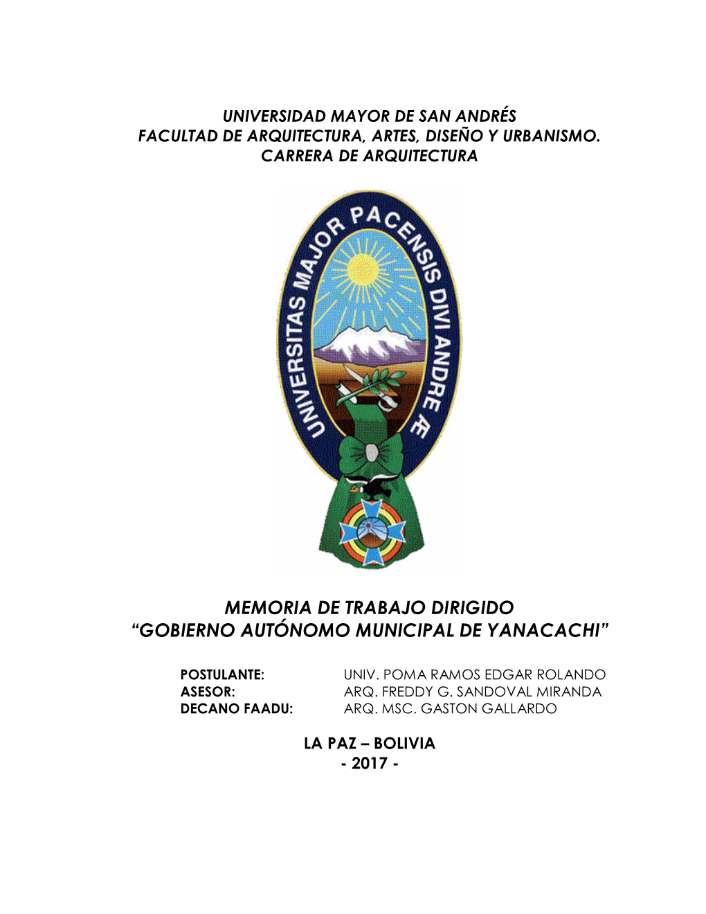 Memoria De Trabajo Dirigido “Gobierno Autónomo Municipal De Yanacachi”