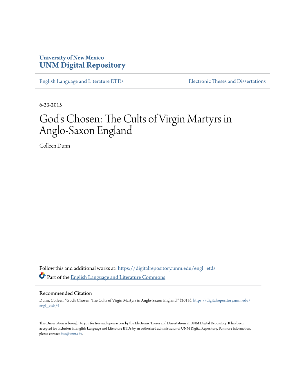 God's Chosen: the Cults of Virgin Martyrs in Anglo-Saxon England