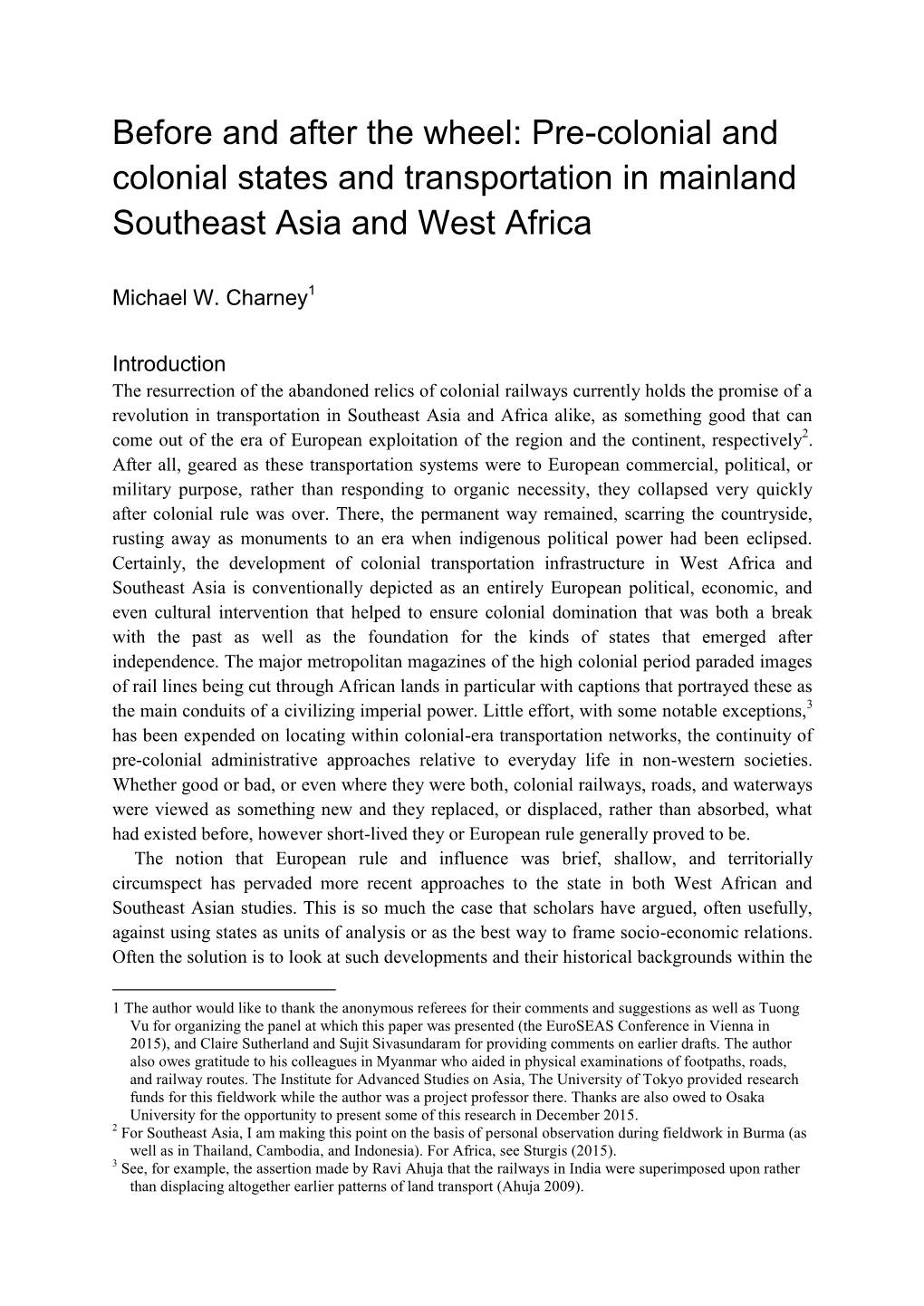 Before and After the Wheel: Pre-Colonial and Colonial States and Transportation in Mainland Southeast Asia and West Africa